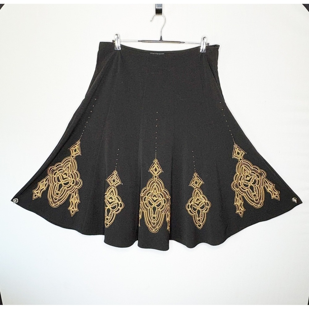 Sunny Taylor Black Gold Embroidered A-Line Midi Skirt Size 14W Western Cowgirl